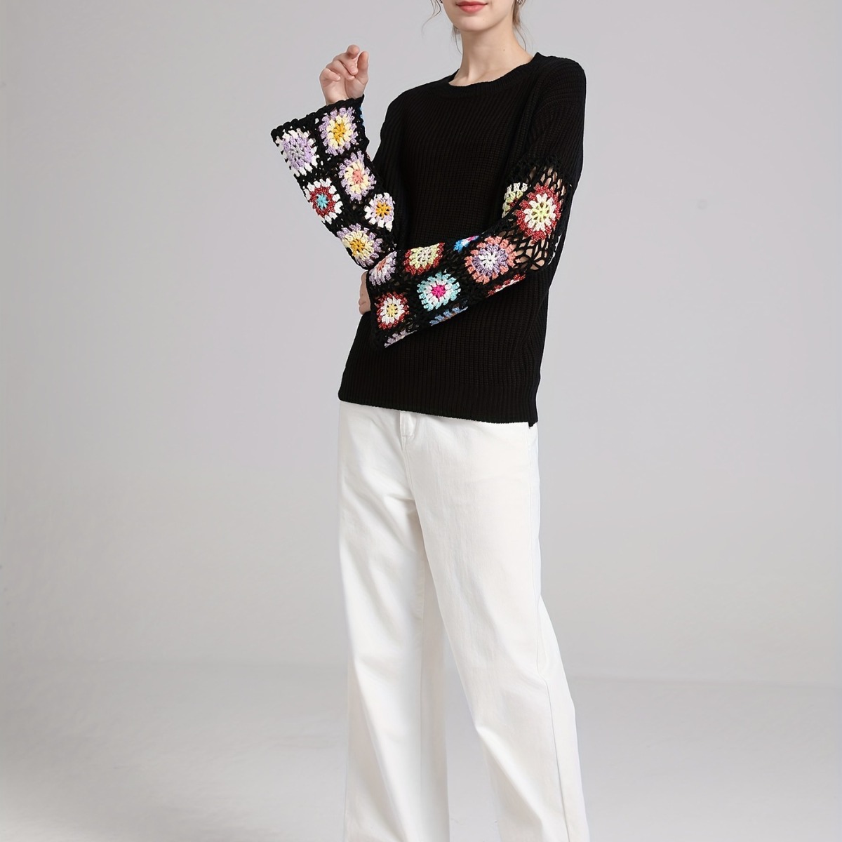 Women's Crochet Flared-Sleeve Pullover Sweater with Hollow-Out Colorblock Design