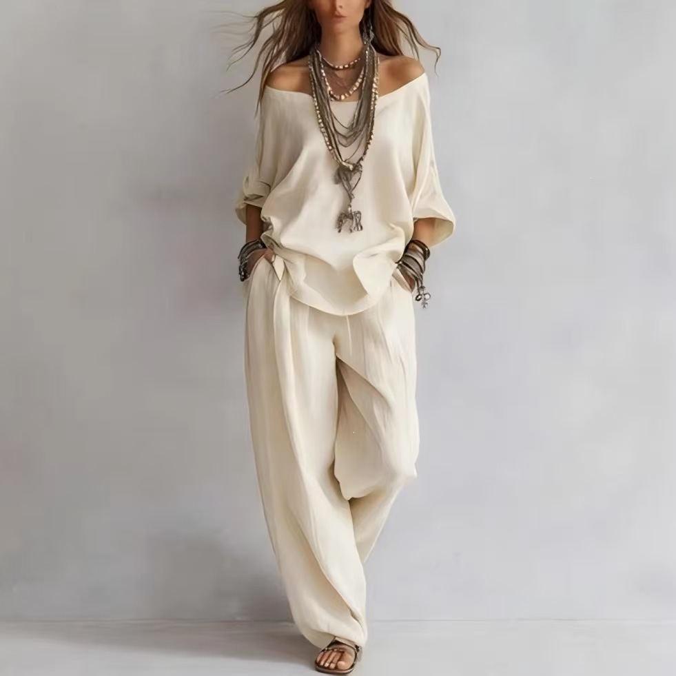 Cotton-Linen Off-Shoulder Wide-Leg Two-Piece Pants Set