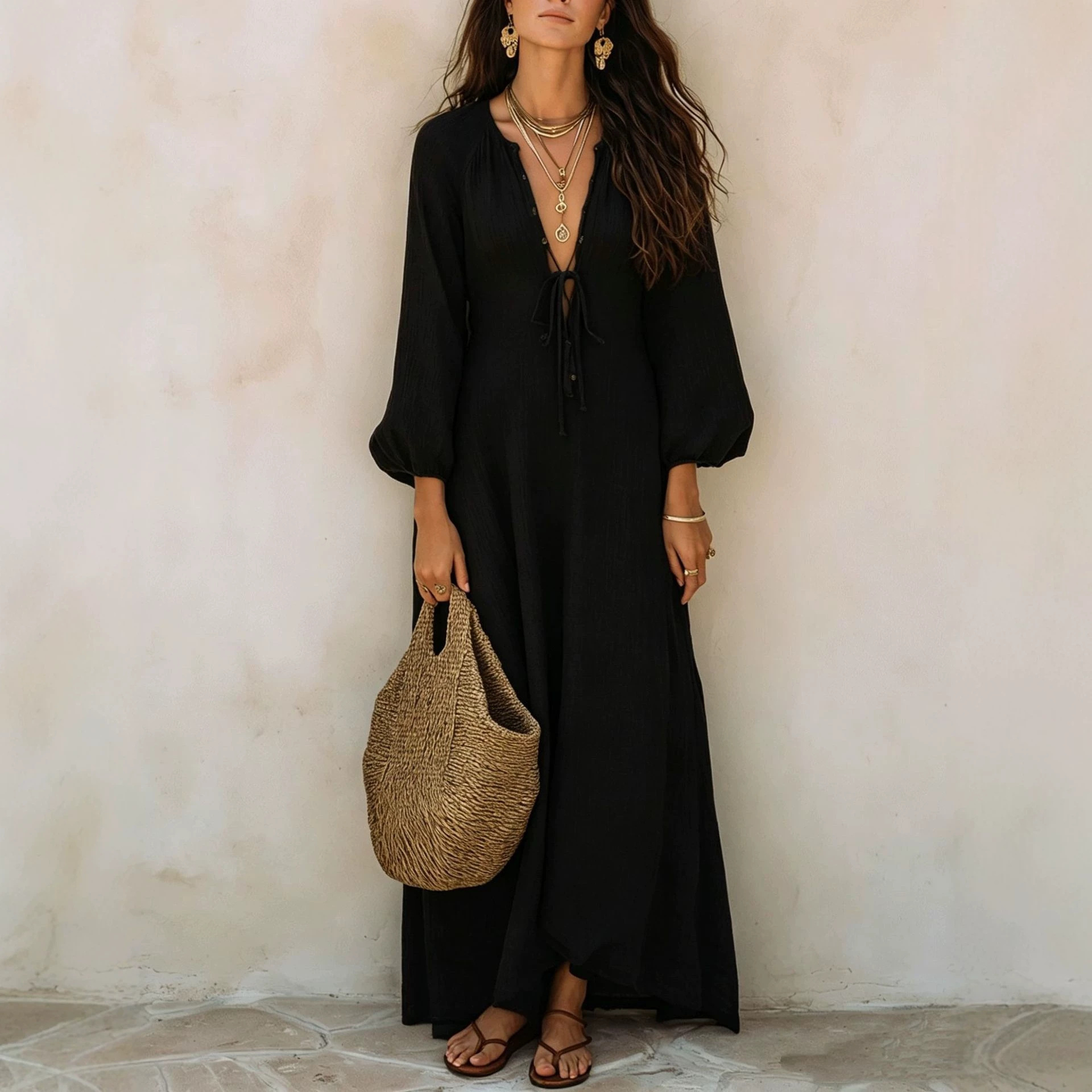 Deep V-Neck Tie-Front Textured Bubble Sleeve Boho Maxi Dress