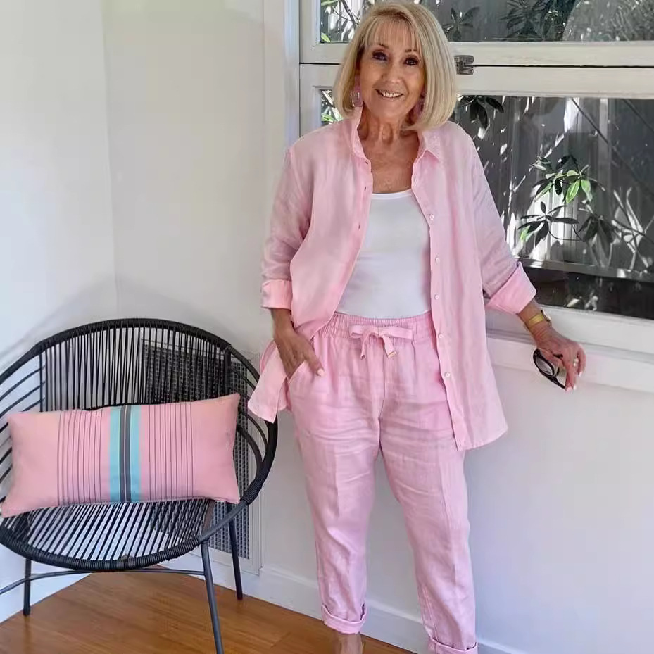 Cotton-Linen Collared Blazer & Loose Pants Casual Set