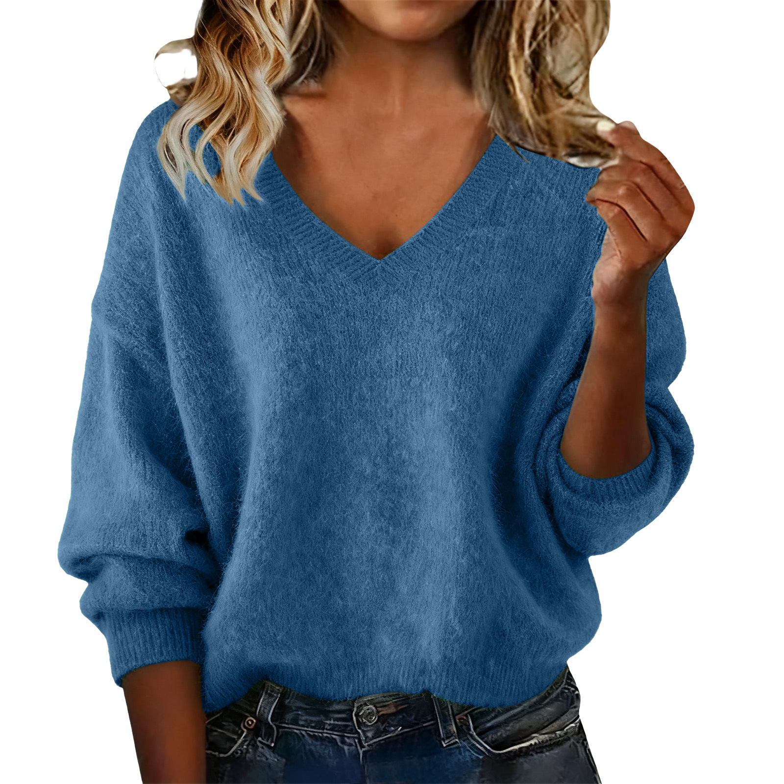 Women's Loose Knit V-Neck Sweater Solid Color Long Sleeve Pullover