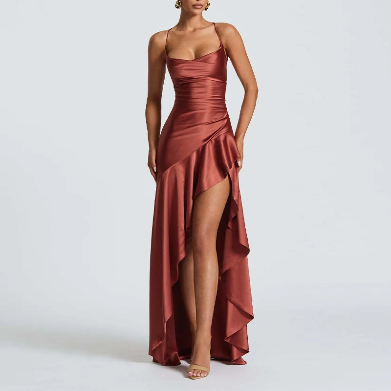 Elegant Solid Color Ruffle Trim Asymmetrical Evening Dress