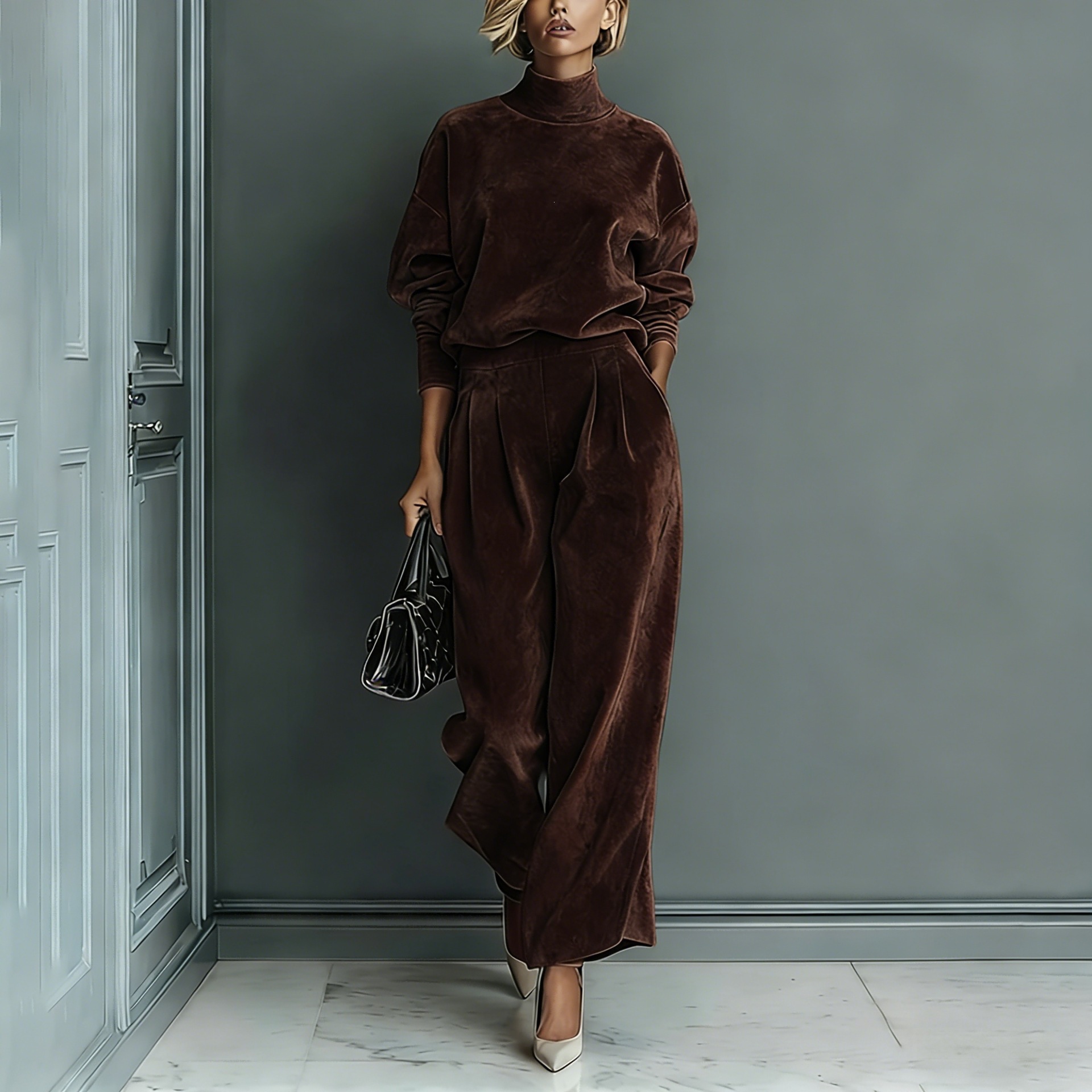 Velvet Long-Sleeve Turtleneck Top & Wide-Leg Pants Set