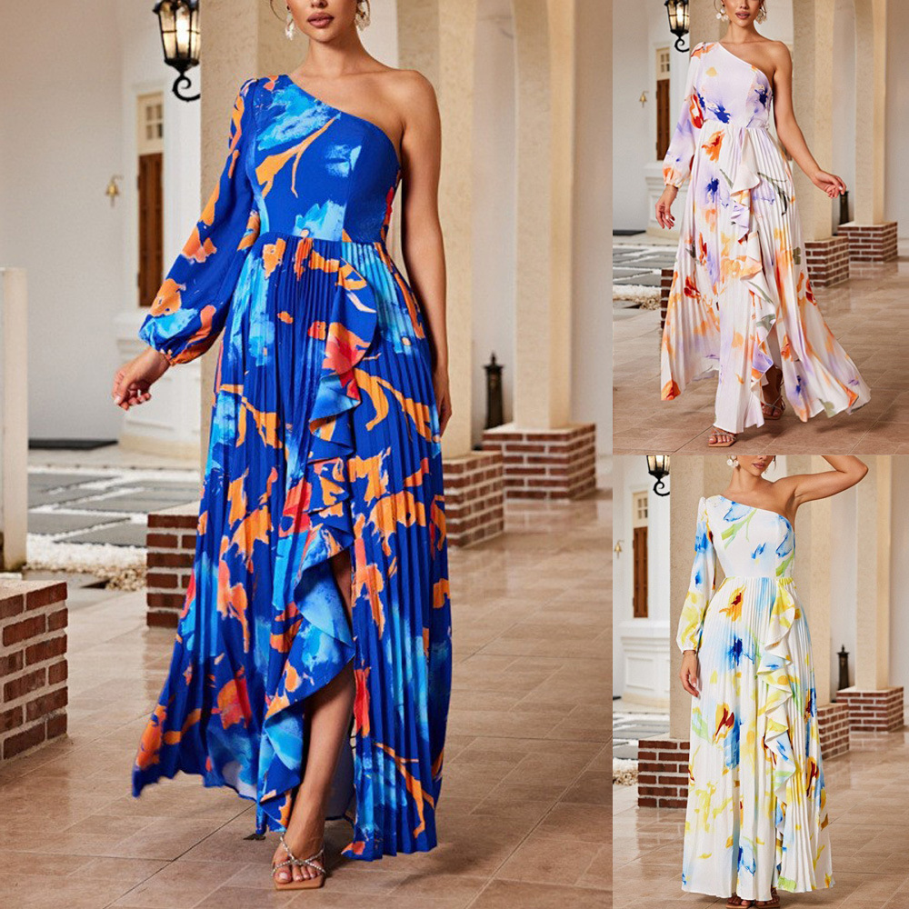Women's Floral Print Off-Shoulder Long Dress with Irregular Slit and Pleated Details