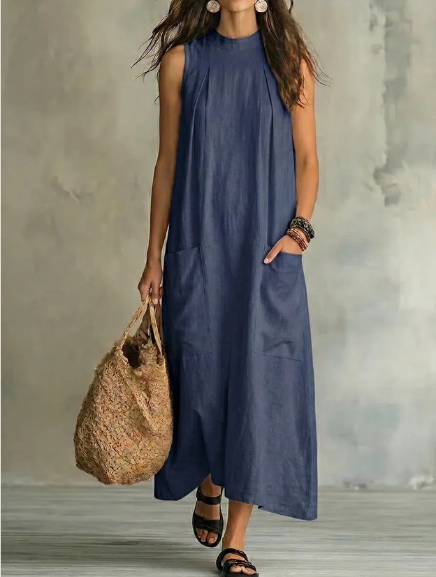 Retro Cotton-Linen Sleeveless Maxi Dress Solid Loose Flowy