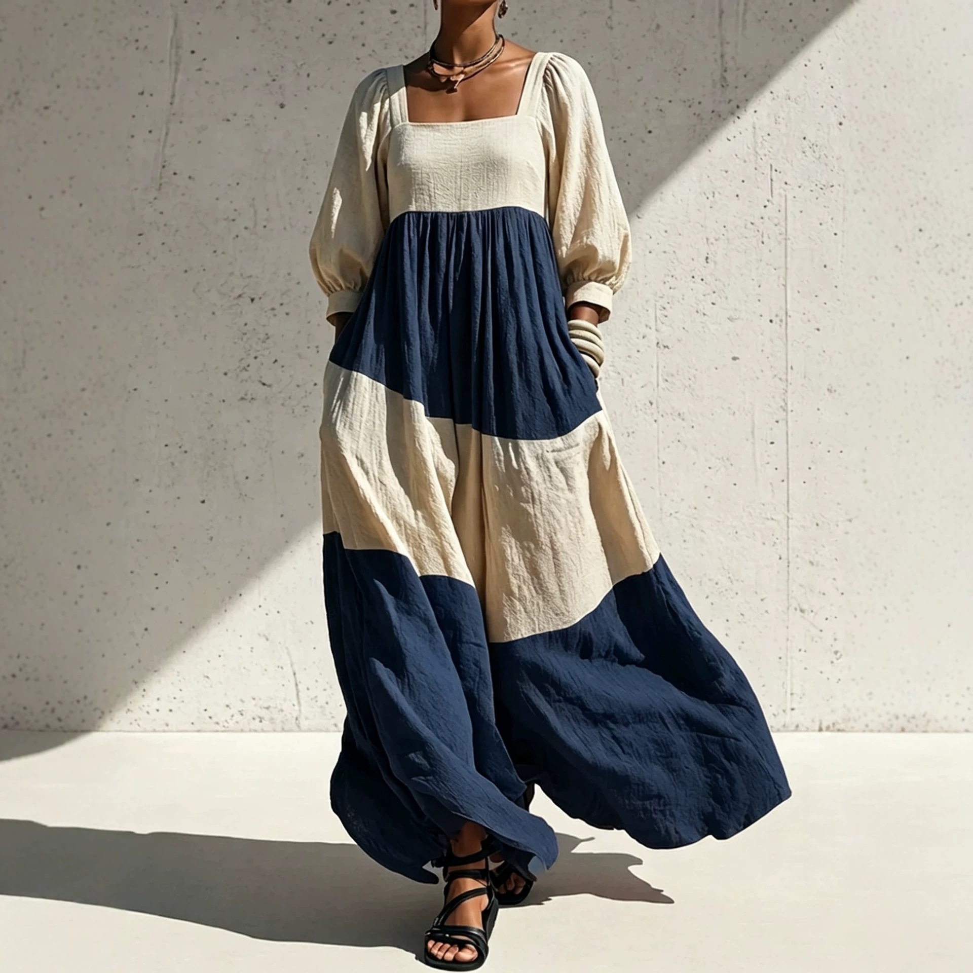 Color-Block Square-Neck Long Sleeve Cotton-Linen Dress