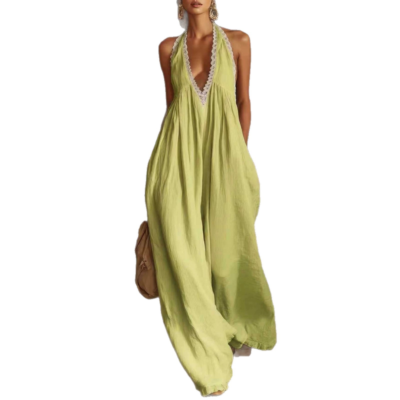 Women's Lace-Trim Loose Linen Jumpsuit Casual Elegant Sleeveless Straight-Leg