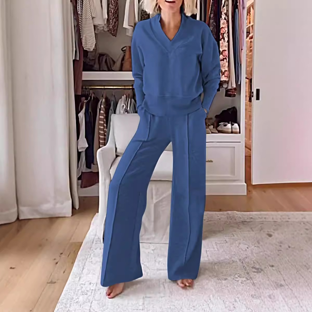 Women's V-Neck Long-Sleeve Loose Top & Wide-Leg Pants Two-Piece Set