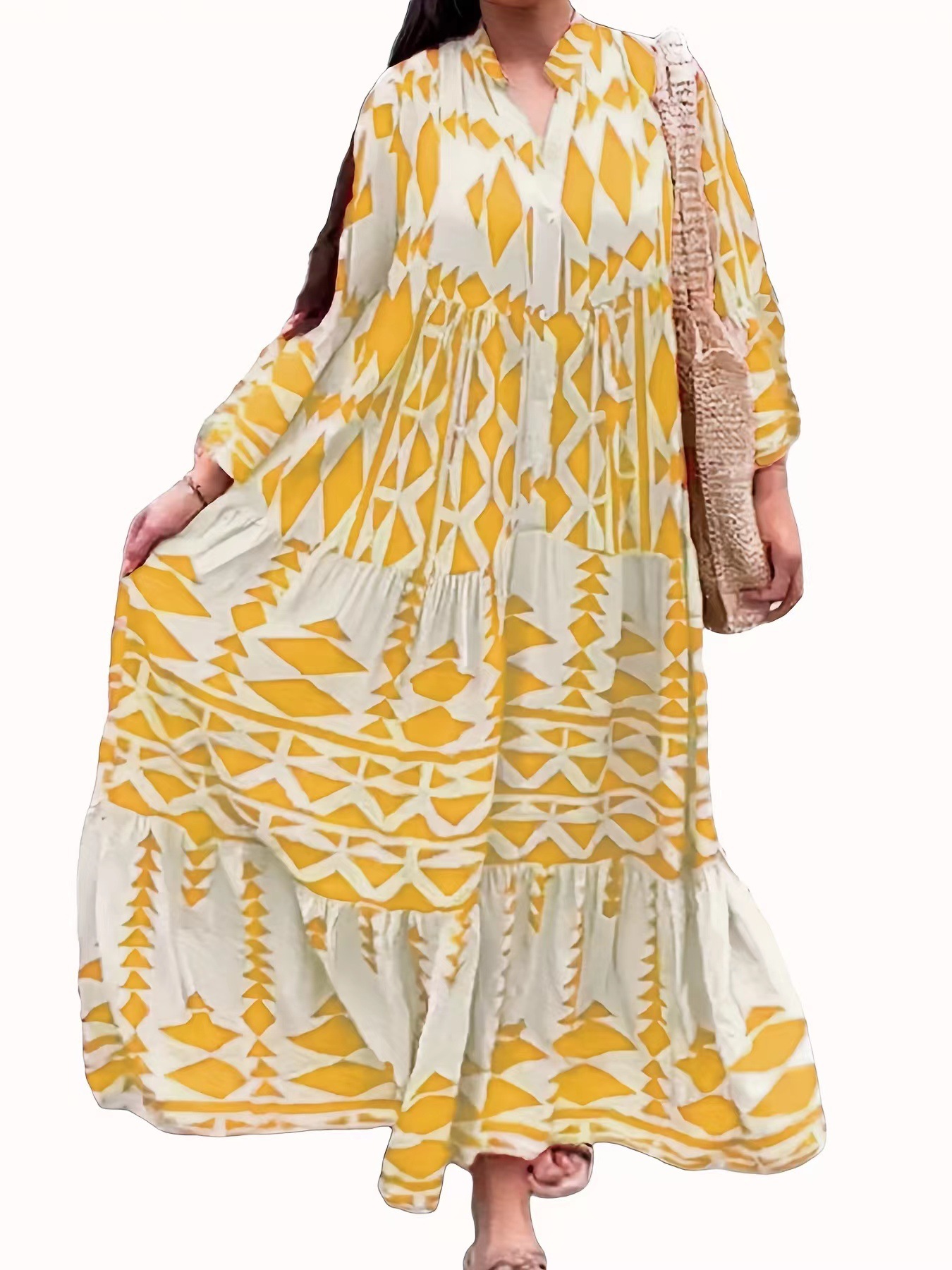 Plus Size Boho Geometric Print V-Neck Long Sleeve Maxi Dress