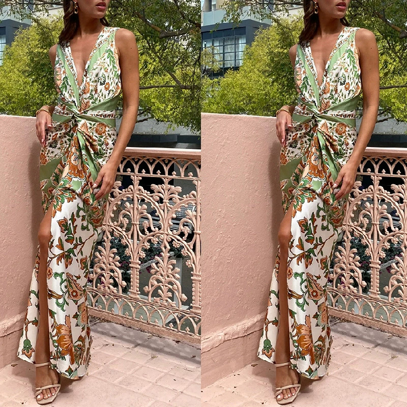 Lantern Sleeve Round Neck Single-Breasted Floral Print Midi Dress