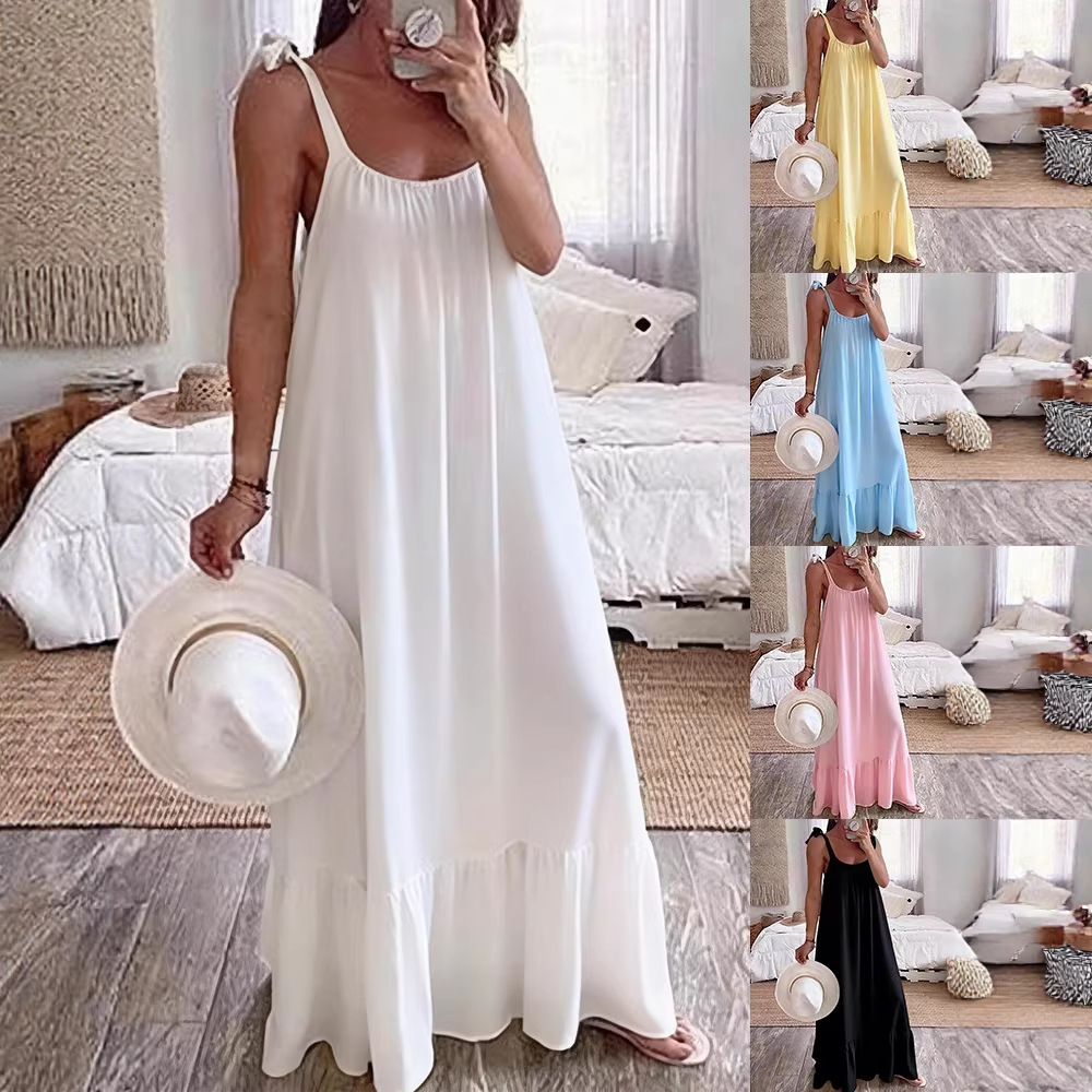 Women's Casual U-Neck Ruched A-Line Long Dress