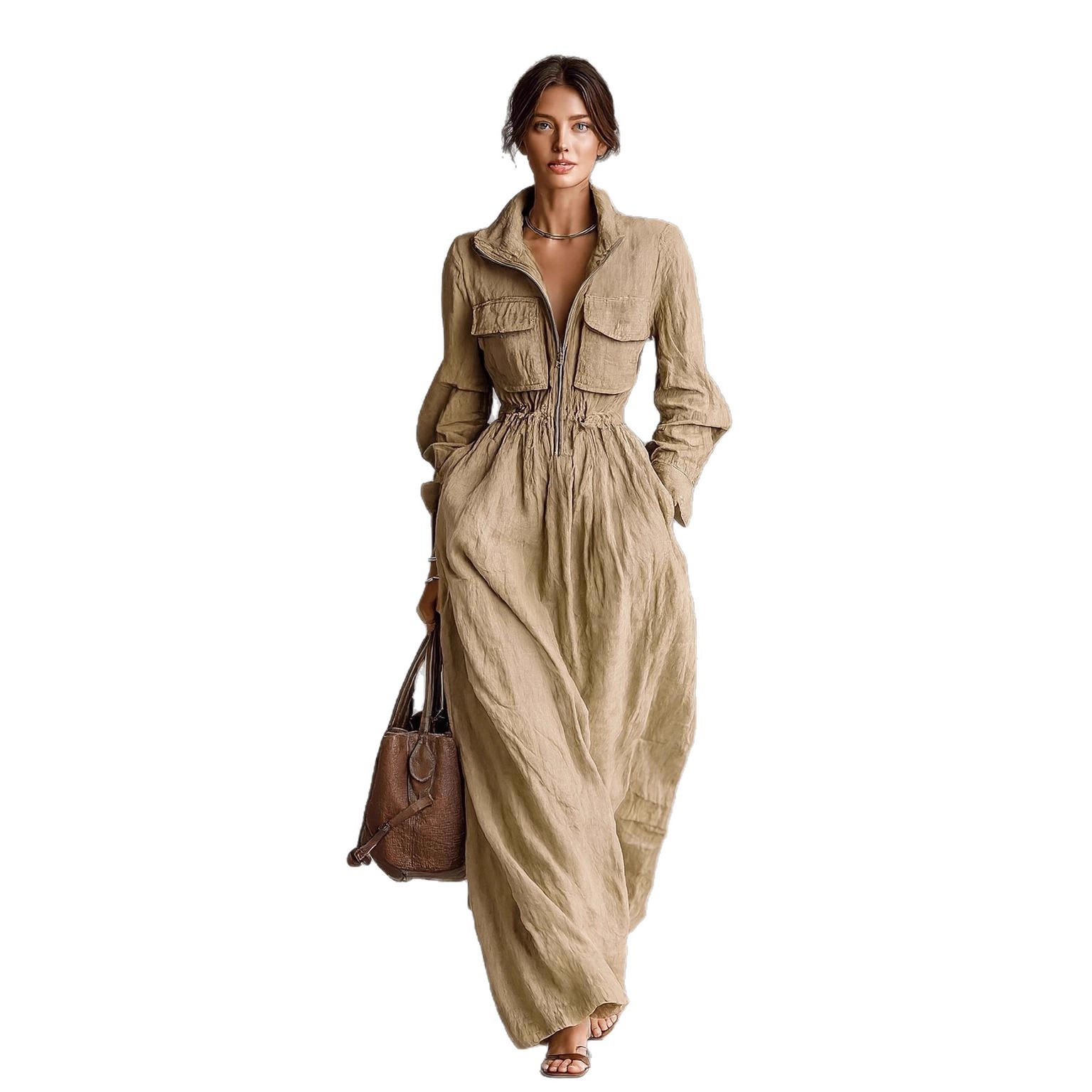 Women's French-Style Zip Collar Long Dress with Elastic Waist