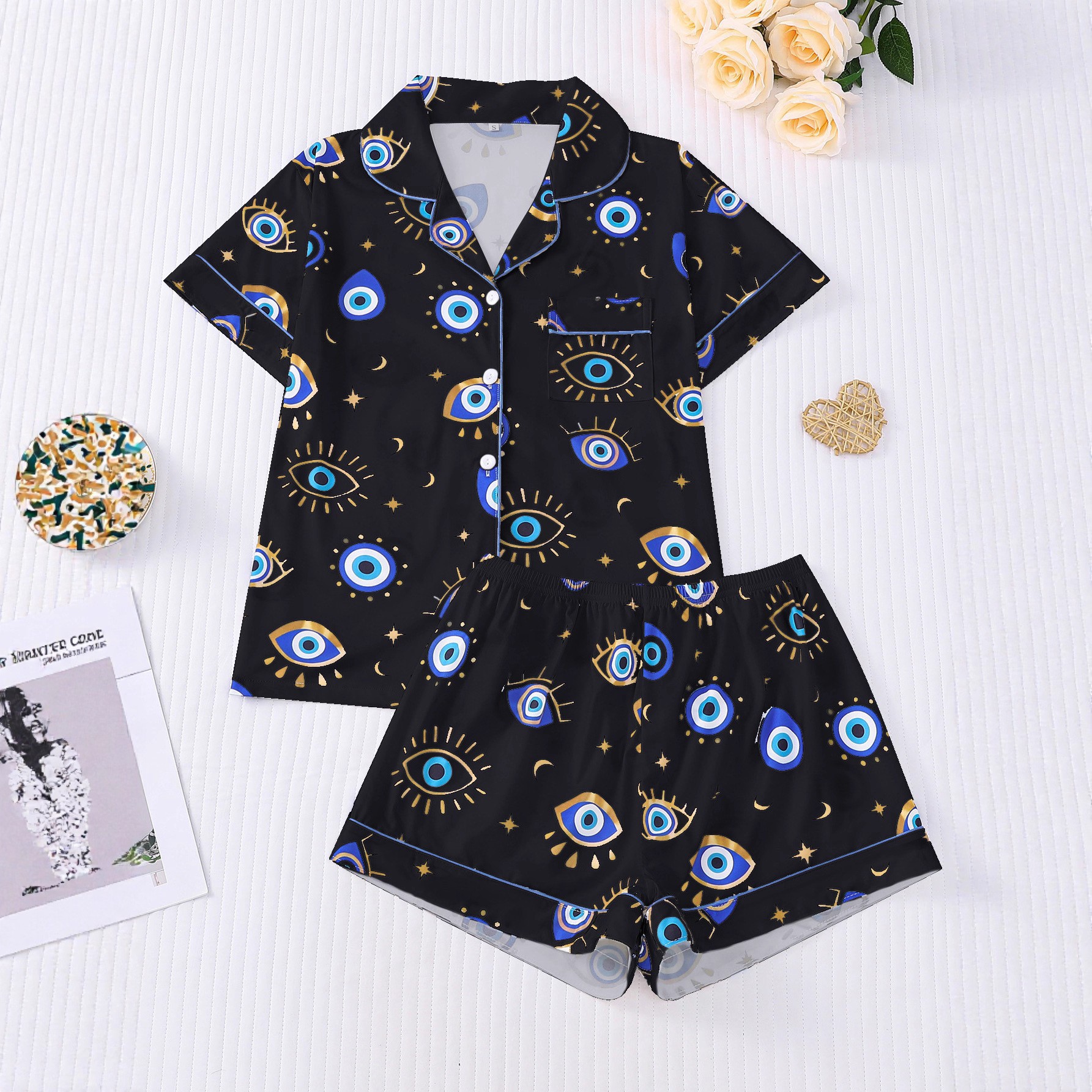 Women's Printed Short Sleeve Shorts Pajama Set with Collar Loose Comfortable