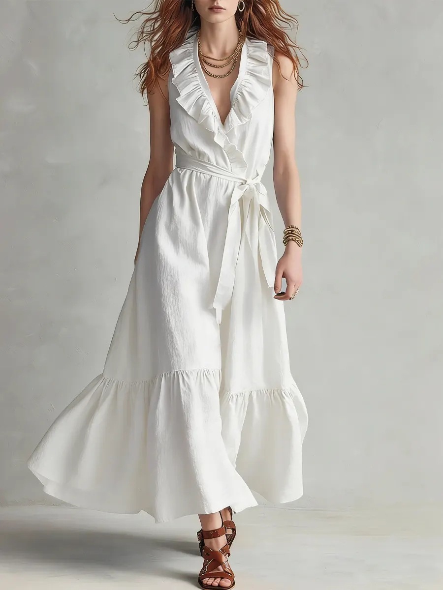 Solid V-Neck Sleeveless Lace-Up Ruffle Long Dress
