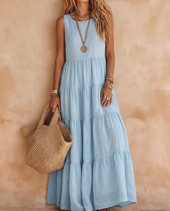 Solid Sleeveless Plus Size Maxi Dress with Round Neck and Shirred Details