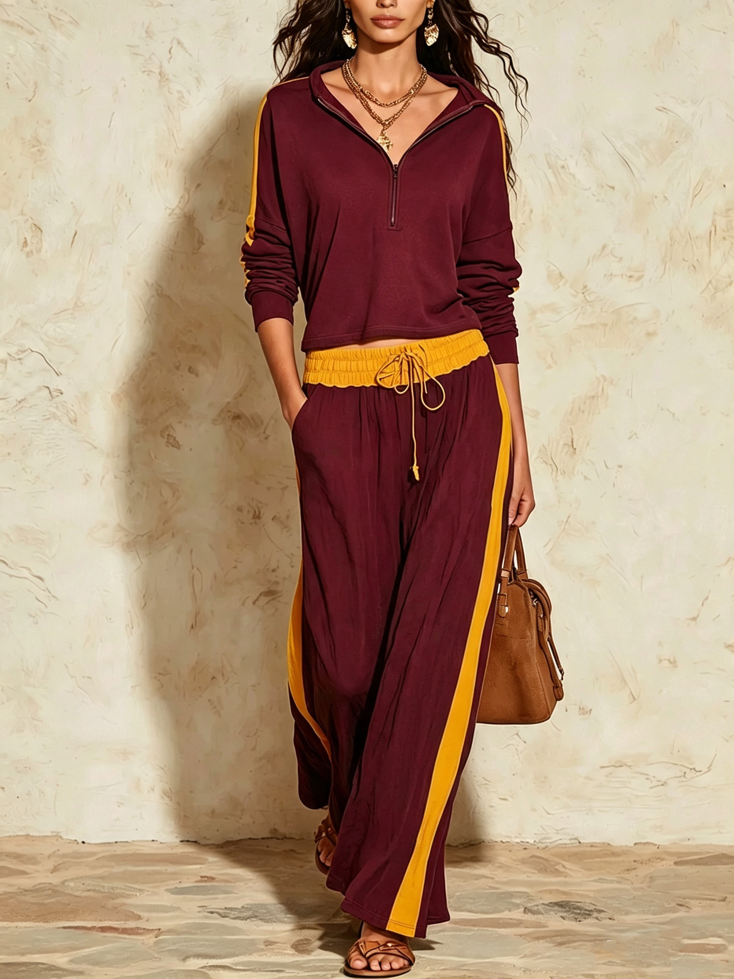 Color-Block Half-Zip Top & High-Waist Wide-Leg Pants Two-Piece Set