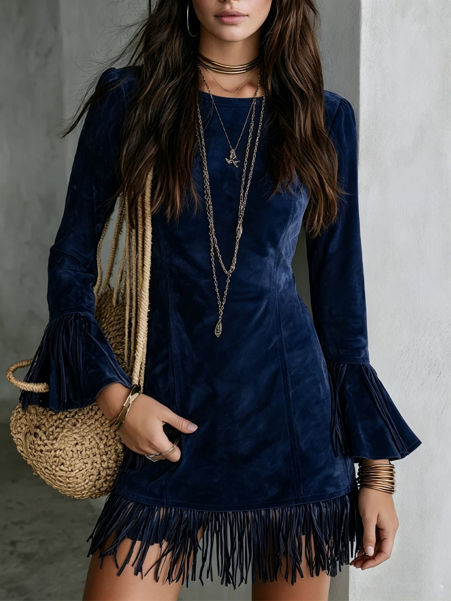 Faux Suede Fringe Slim Fit Long Sleeve Dress