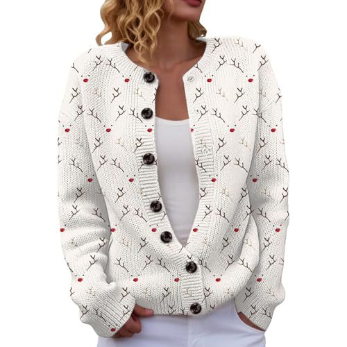 Women's Christmas Reindeer Print Button Cardigan Sweater