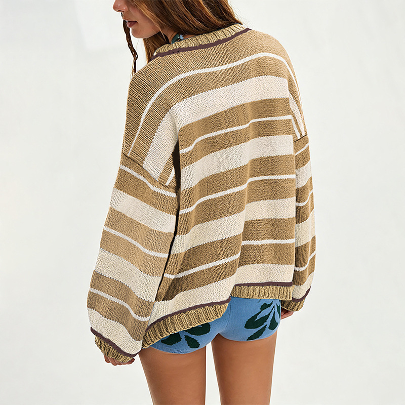 Women's Loose Crewneck Long Sleeve Knit Top Colorblock
