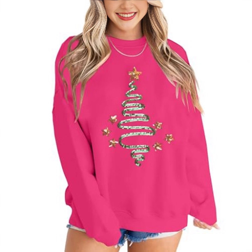 Women's Ribbon Bow Christmas Tree Print Crewneck Sweatshirt