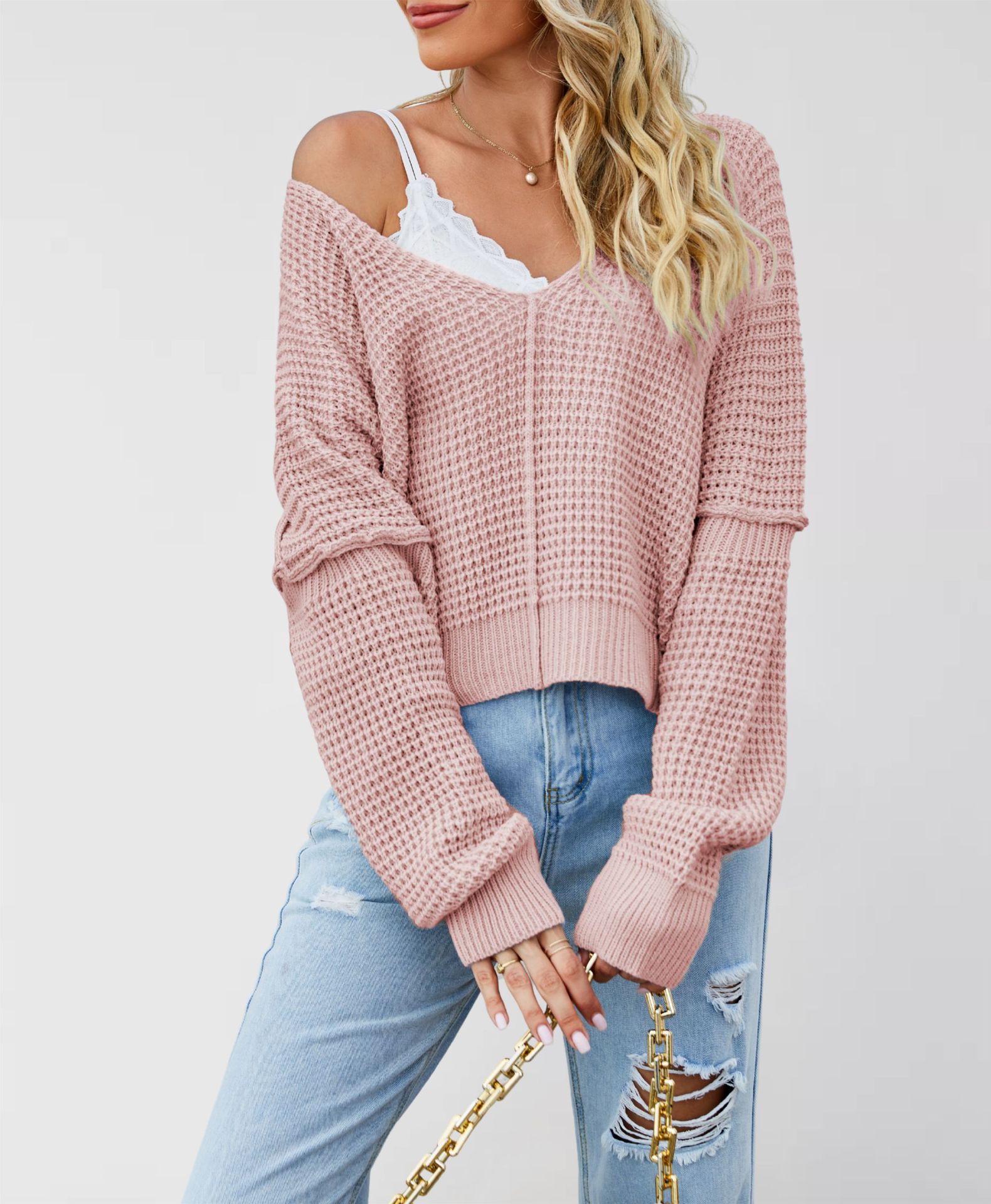 V-Neck Off-Shoulder Loose Knit Sweater