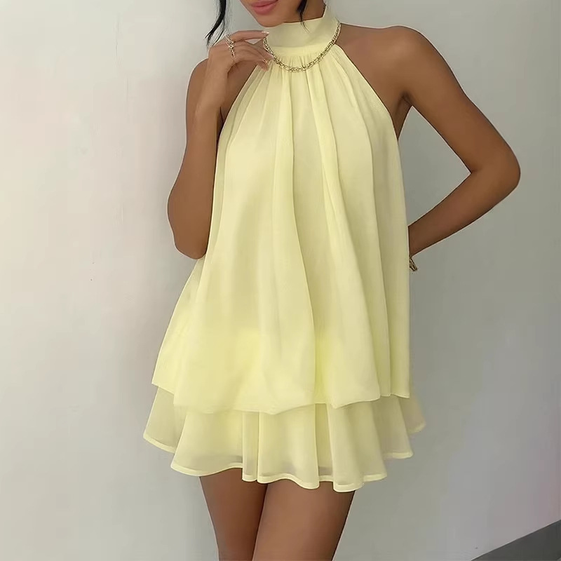 Women's Sleeveless Halter Backless Tie A-Line Mini Dress