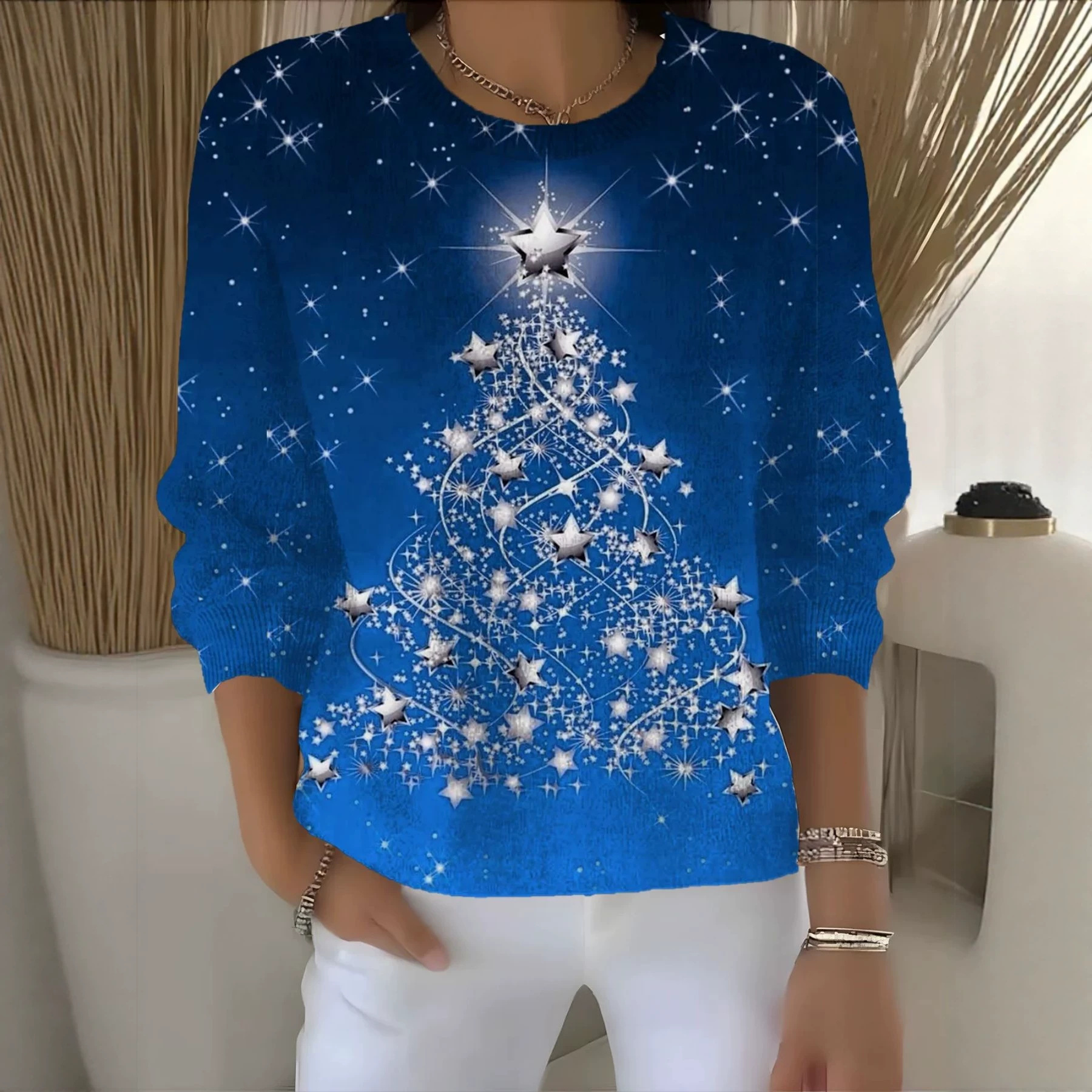 Christmas Star Tree Print Crewneck Long Sleeve Pullover Sweatshirt