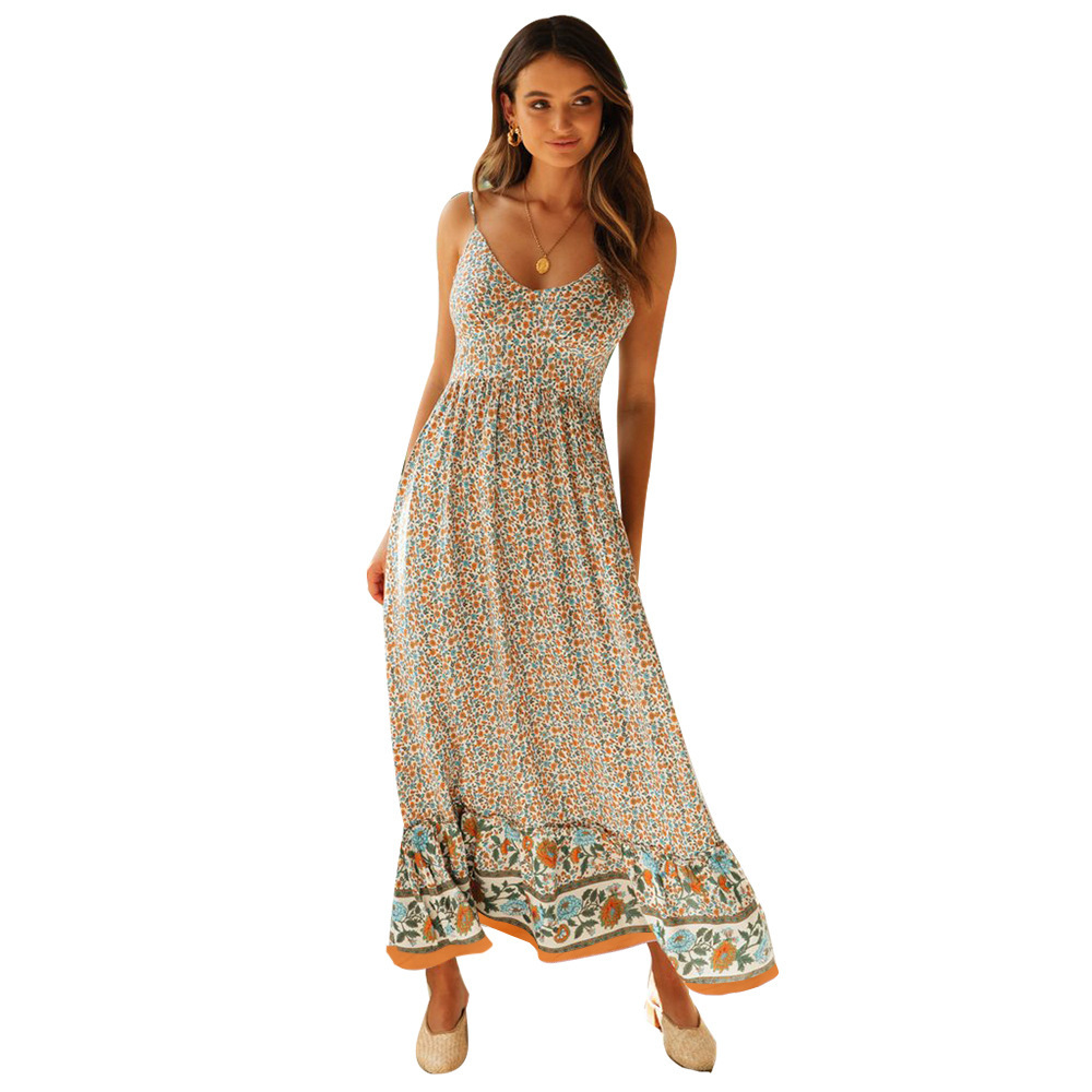 Bohemian V-Neck Floral Maxi Dress with Spaghetti Straps