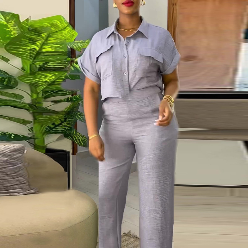 Women's Casual Short Sleeve Button-Front Shirt and Wide-Leg Pants Set