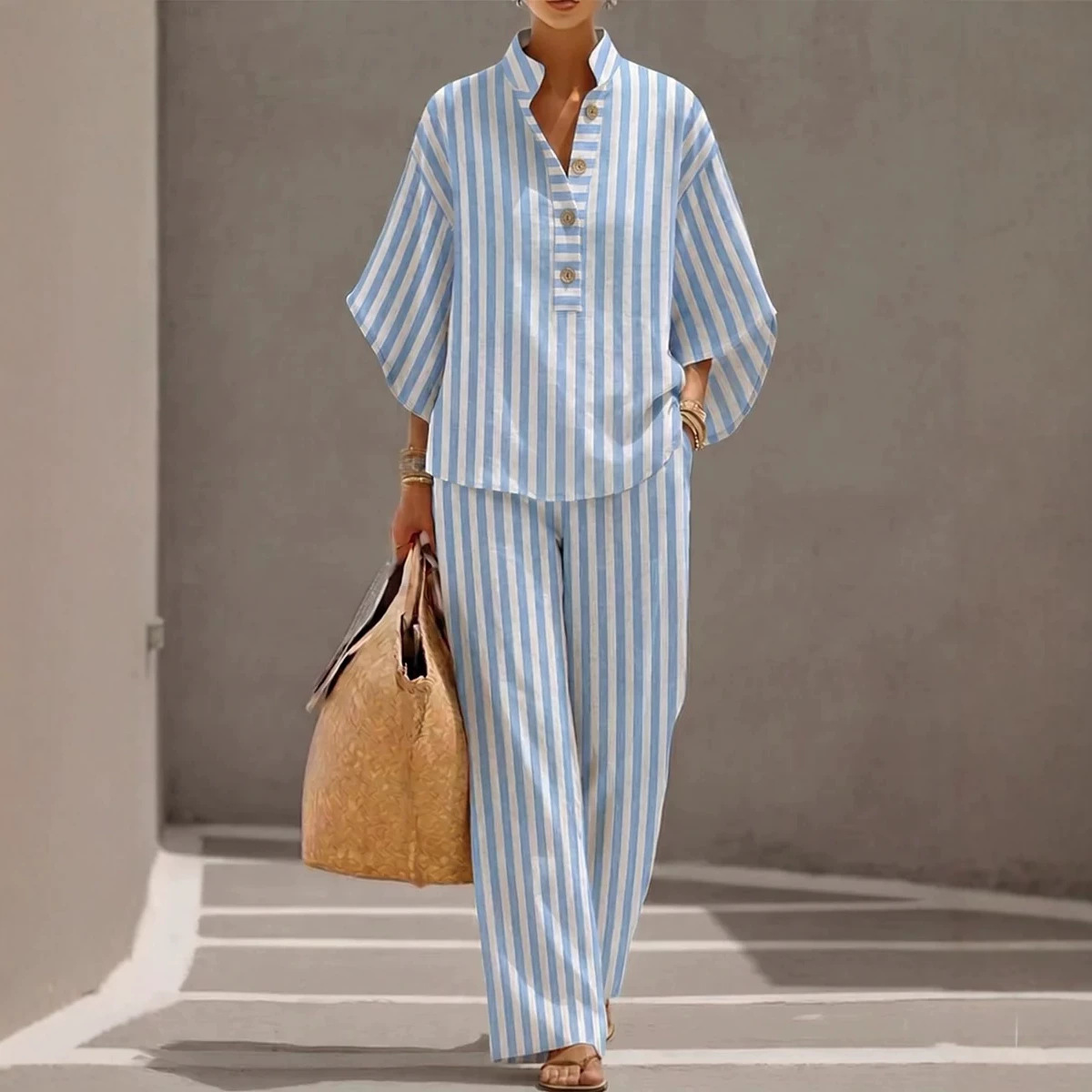 Women's Striped Linen Shirt & Pants Set Casual Summer