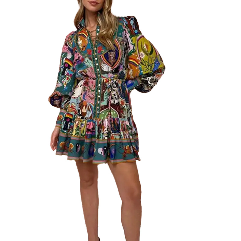 Retro Elegant Stand Collar Printed Tie Dress Short