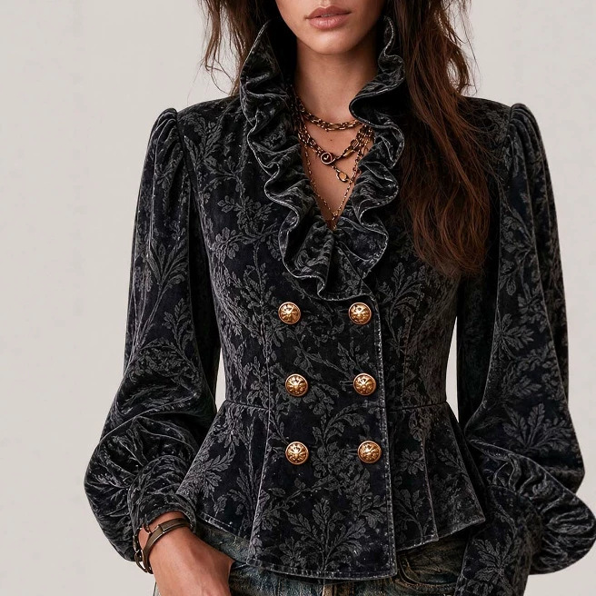 Boho Floral Jacquard Ruffle Blazer