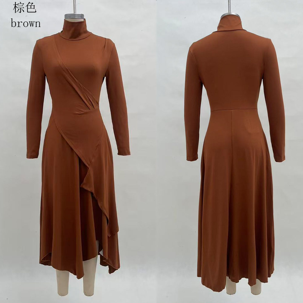 Women's Solid Long Sleeve High Neck Asymmetrical Dress