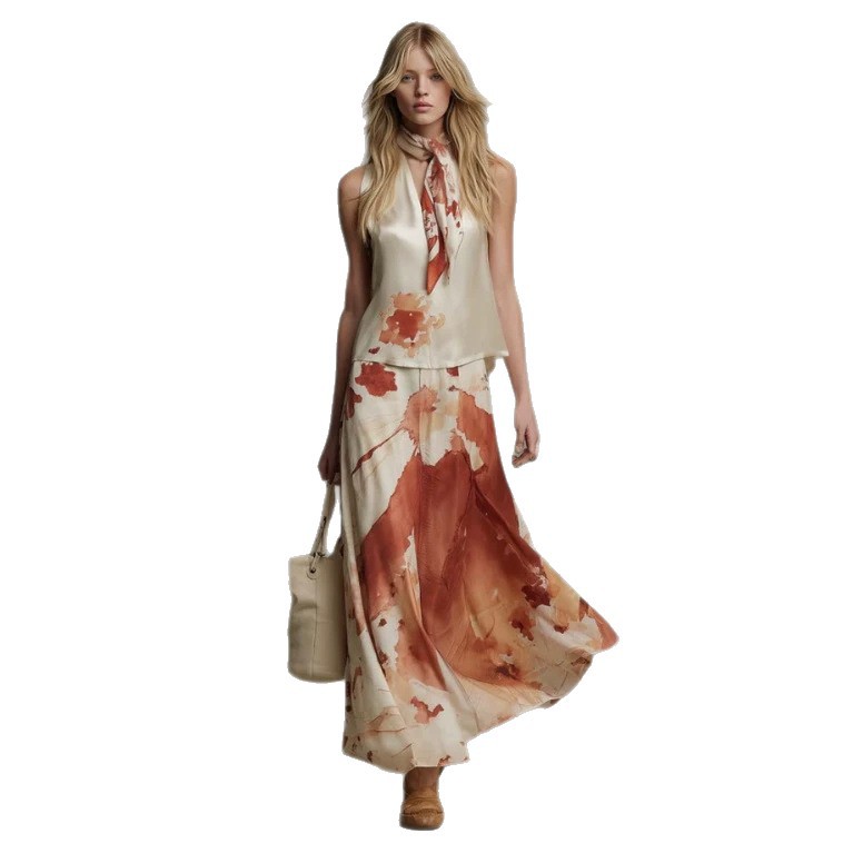 Floral Sleeveless Satin Top & Midi Skirt Set