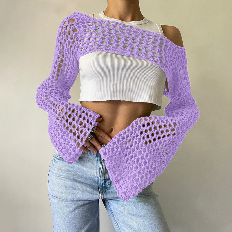 Women's Crochet Mesh Crop Top with Bell Sleeves