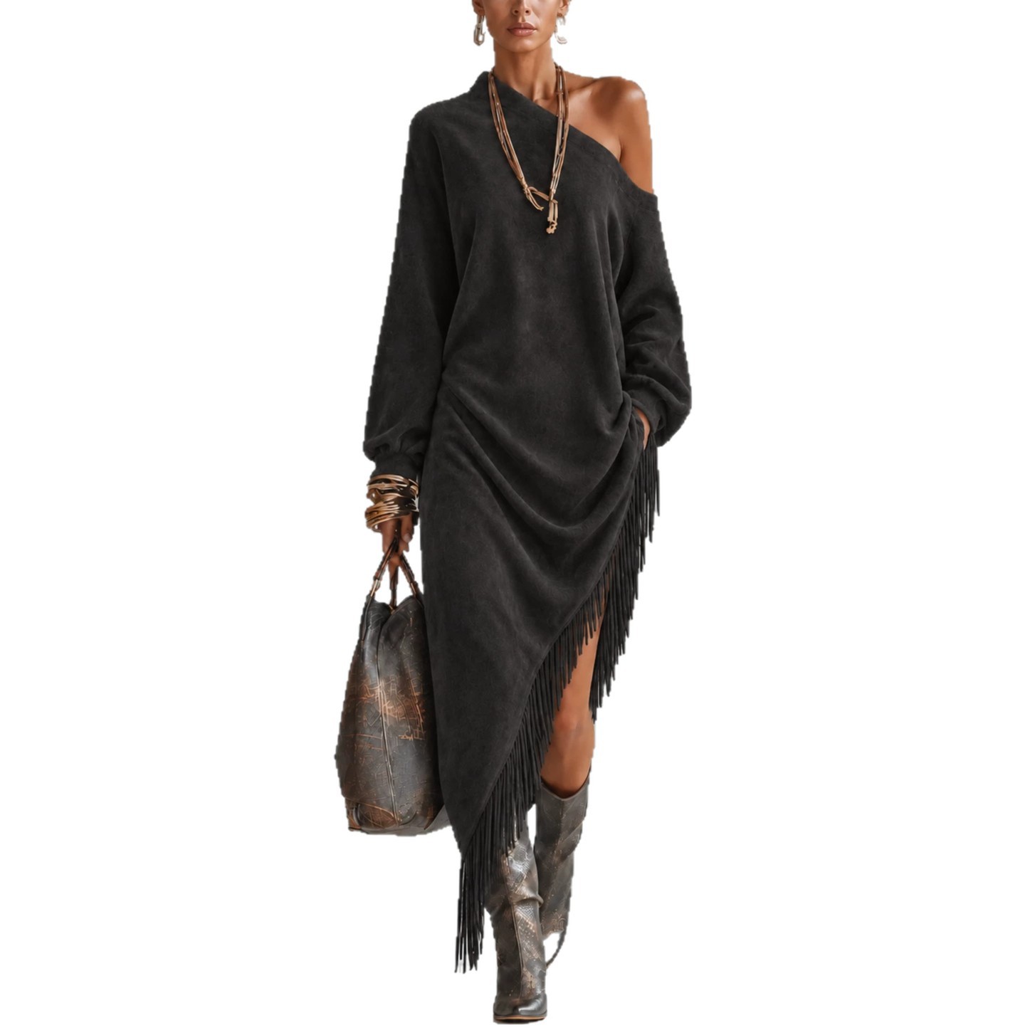 Women's Loose One-Shoulder Asymmetric Fringe Midi Dress