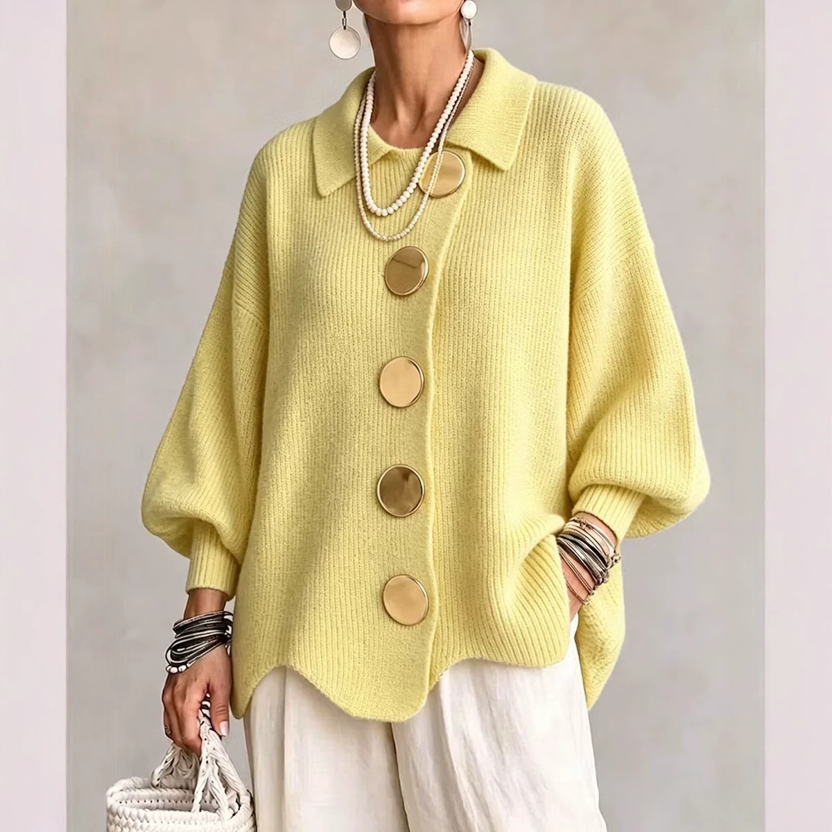 Women's Knit Round Neck Long Sleeve Cardigan Sweater
