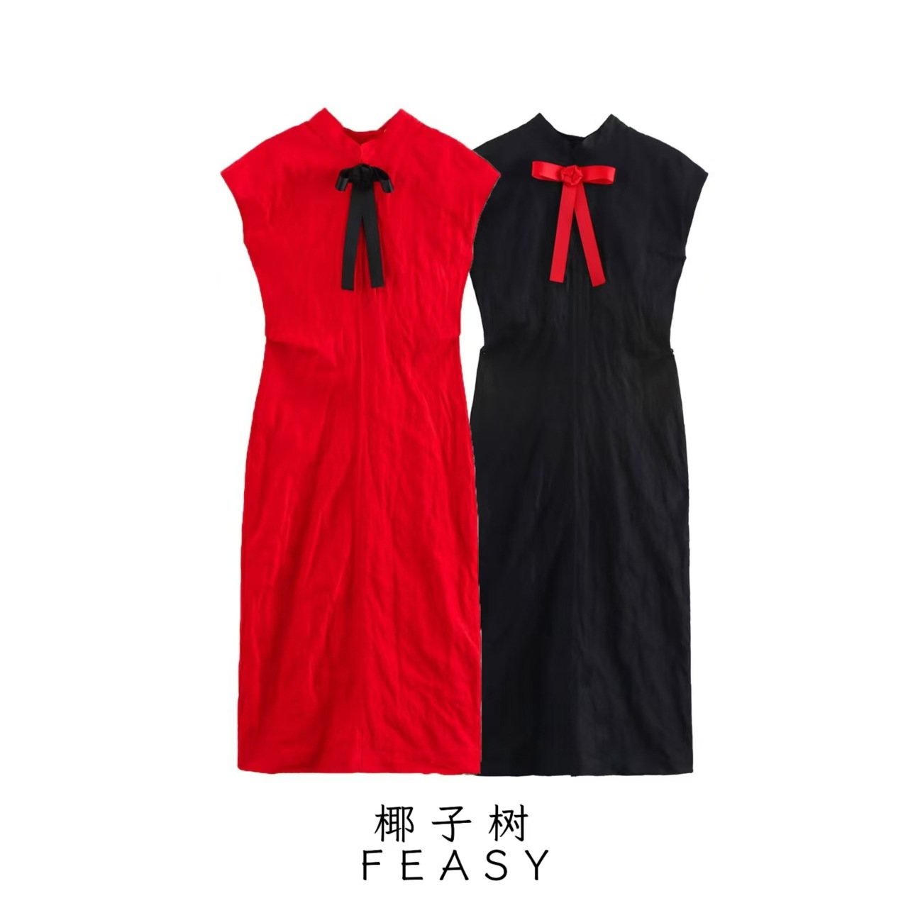 Women's Bow-Accent Wrinkle-Effect Midi Dress Sleeveless Stand Collar