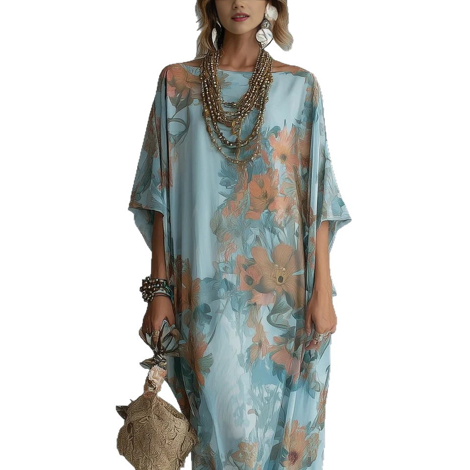 V-Neck Ruffle Waist Floral Print Maxi Dress
