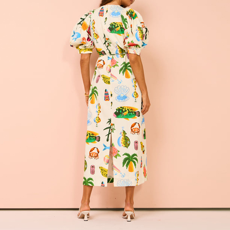 Elegant Floral Print Tie-Waist Midi Dress with Pockets