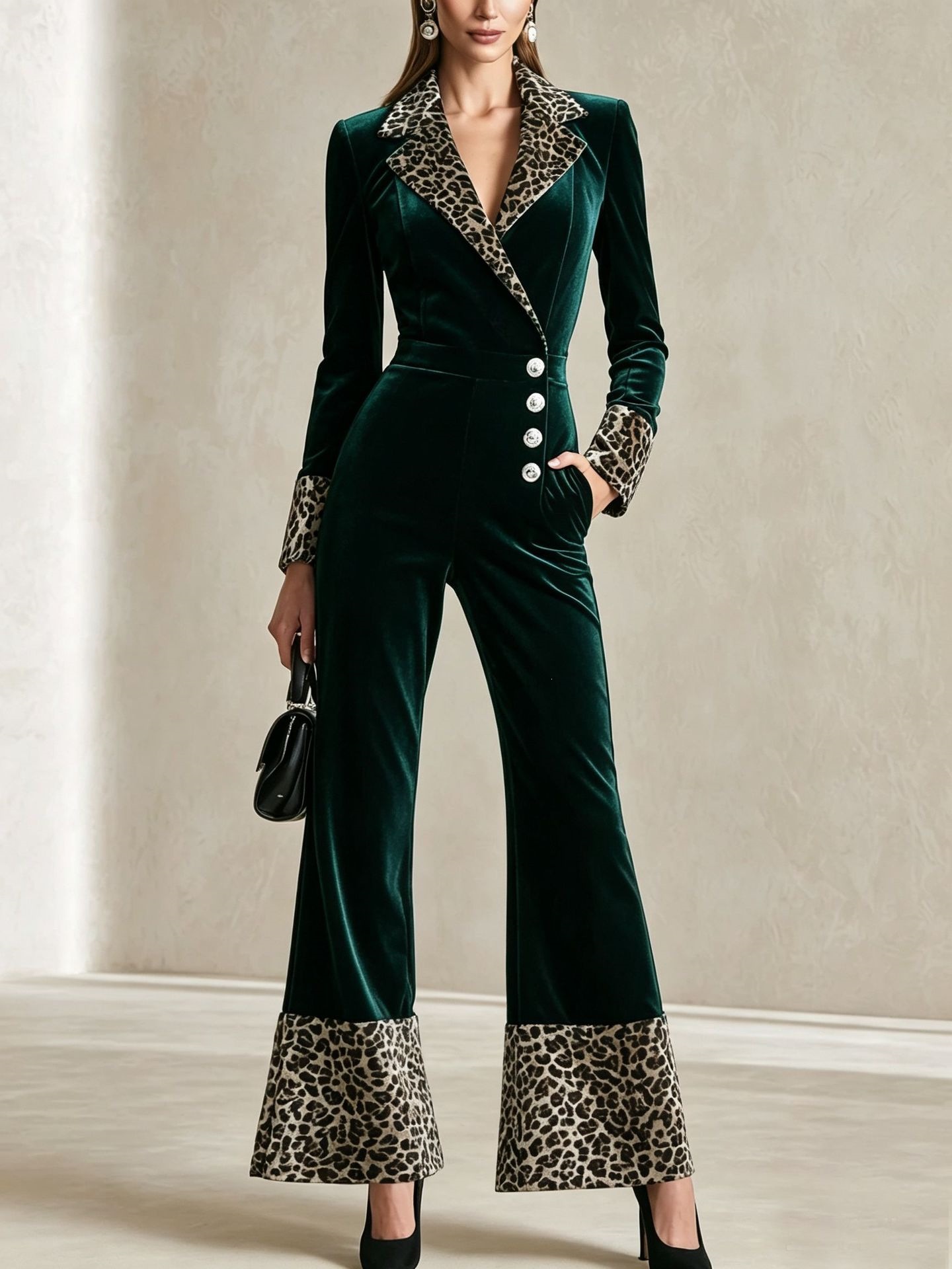 Leopard Print Long Sleeve Long Pants Jumpsuit