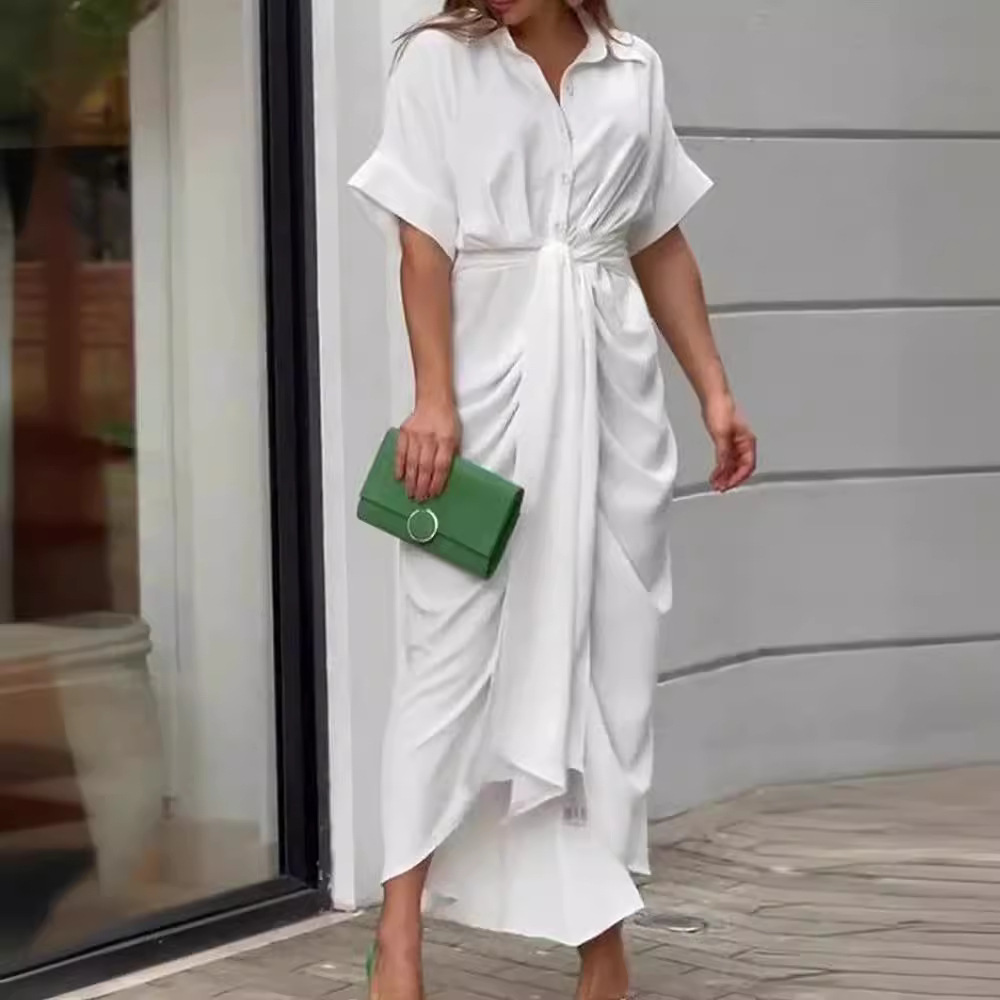 Women's Collared Midi Shirt Dress Short Sleeve Button Front High Waist