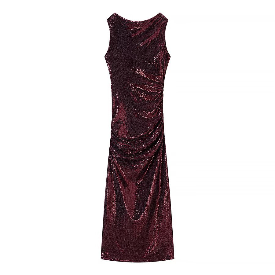 Women's Cowl Neck Bodycon Midi Dress Sleeveless Sequin Pleated