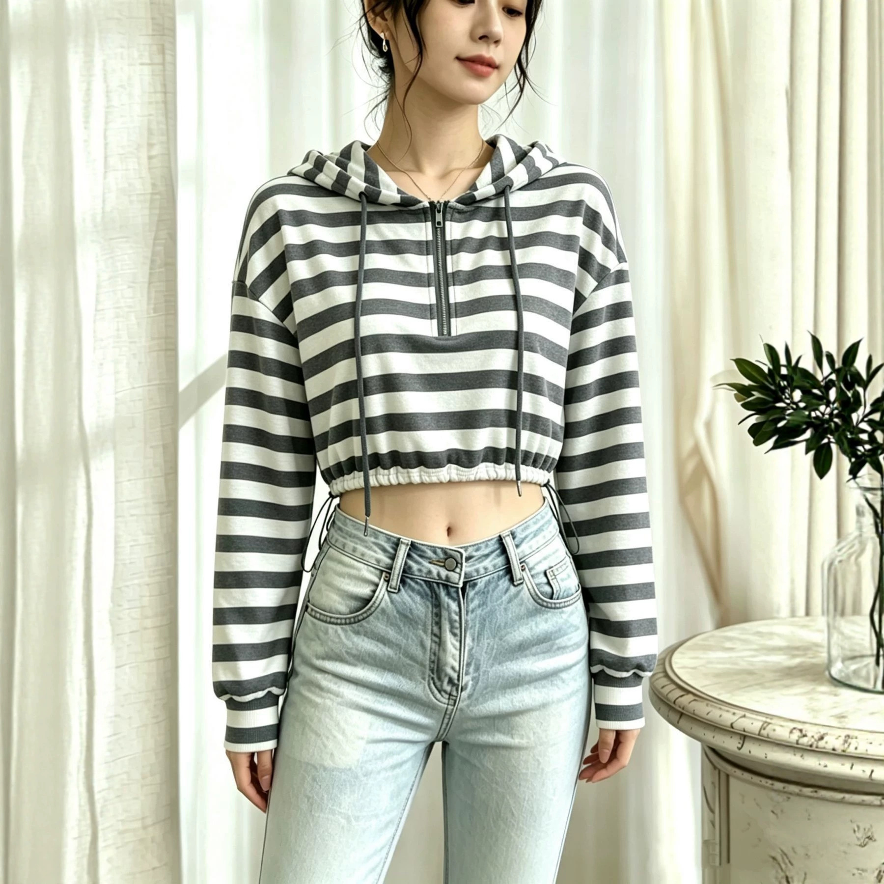 Half-Zip Hooded Drawstring Sweatshirt Zebra Print Cropped Fit