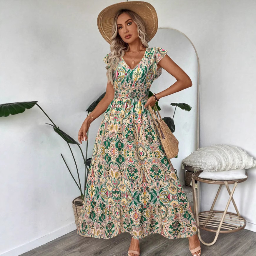 Floral Print V-Neck Ruffle Long Dress