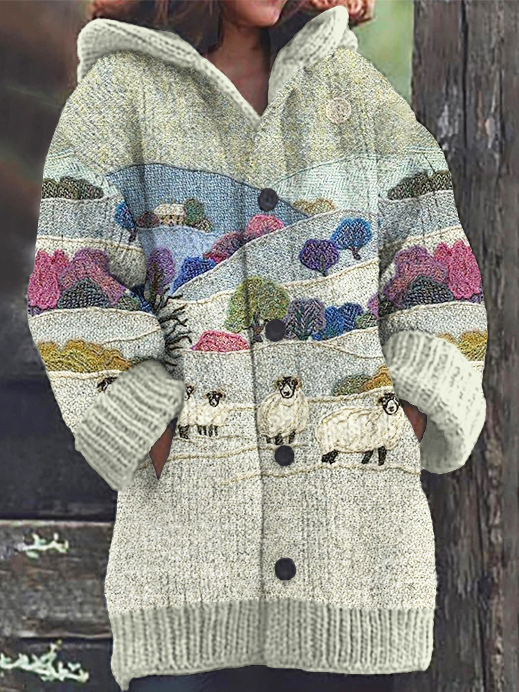 Women's Animal & Plant Print Hooded Button Cardigan