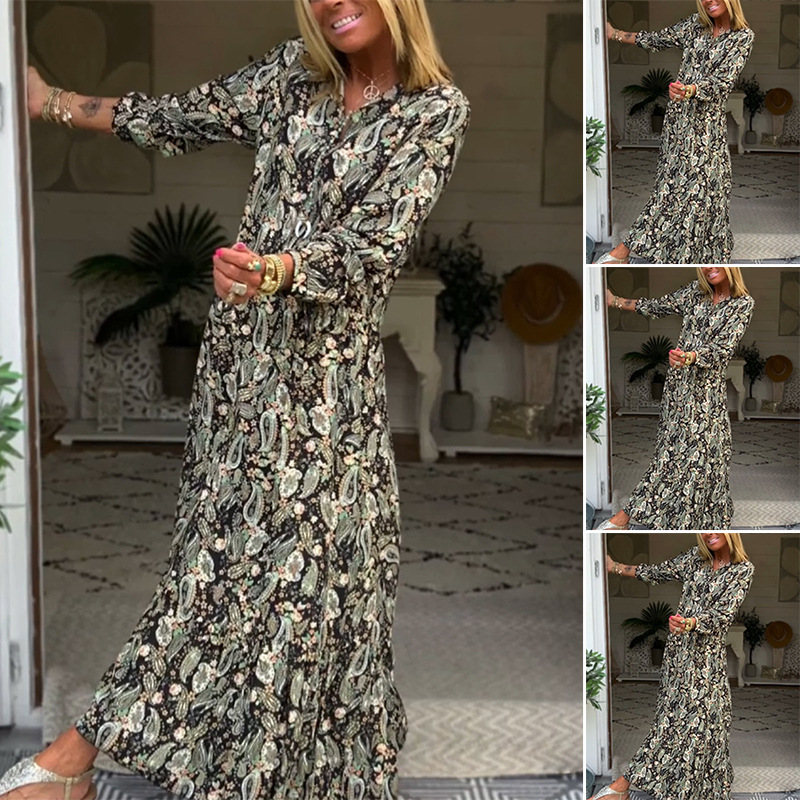 Printed V-Neck Long Sleeve Maxi Dress