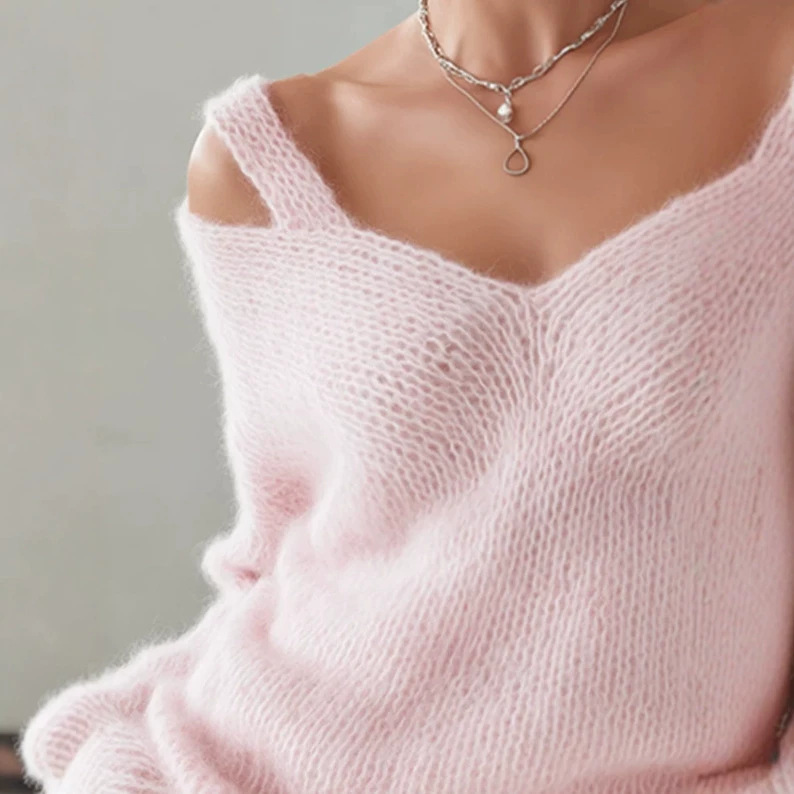 Pink V-Neck Off-Shoulder Loose Knit Sweater