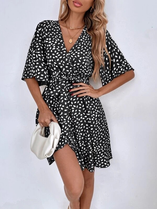 V-Neck Short Sleeve Cinched Waist Dress