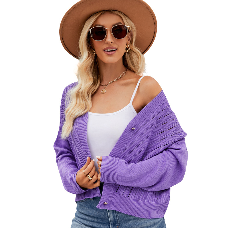 V-Neck Open-Knit Cardigan Loose Long-Sleeve Solid Color Women's